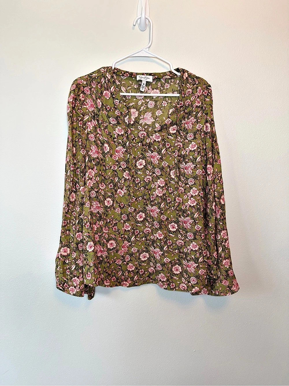 J. Jill Floral Long Sleeve Blouse in Green & Pink Size Medium
